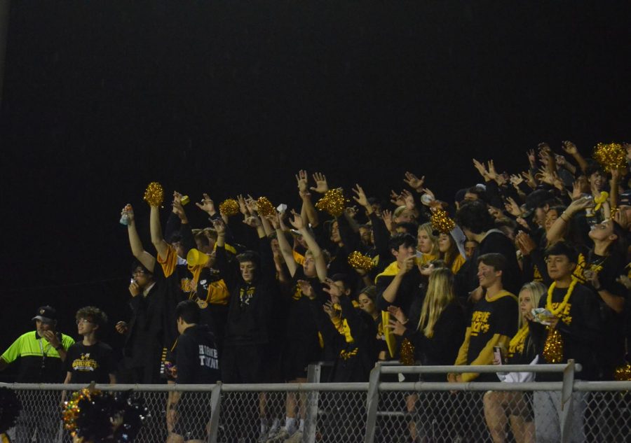 The student section cheers from the stands, decked out in black and gold.
