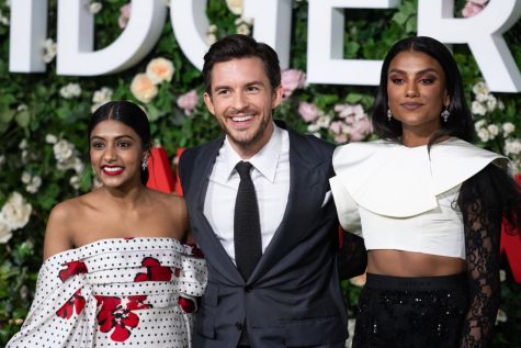 LONDON, ENGLAND - MARCH 22: (L-R) Charithra Chandran, Jonathan Bailey and Simone Ashley attend the Bridgerton Series 2 World Premiere at Tate Modern on March 22, 2022 in London, England. (Photo by Jeff Spicer/Getty Images)