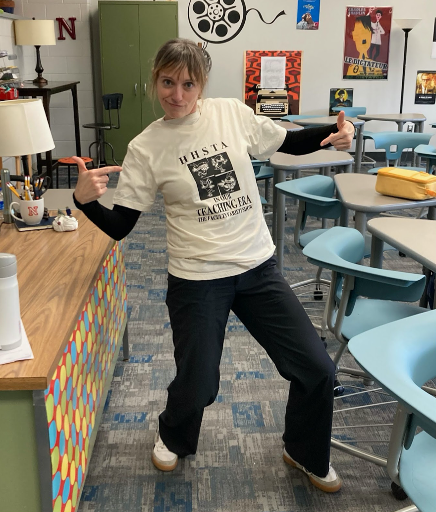 Ms. Wimsatt wearing a t-shirt created for the Staff Variety Show