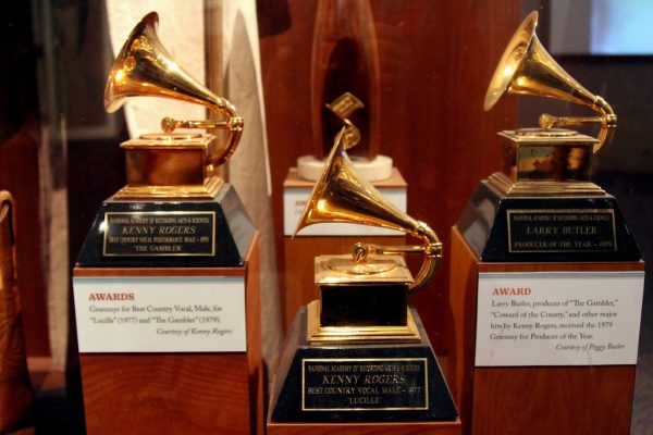 Display of past Grammy award trophies