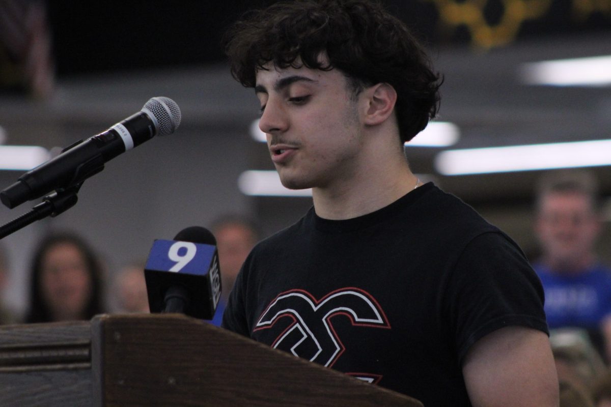 Alamir Almannai, a sophomore at Hinsdale South gave a speech supporting the agenda item of allowing seniors to have lunch outside of school emphasizing such things as food quality and even just the choice allows people to feel free from a compacted environment.