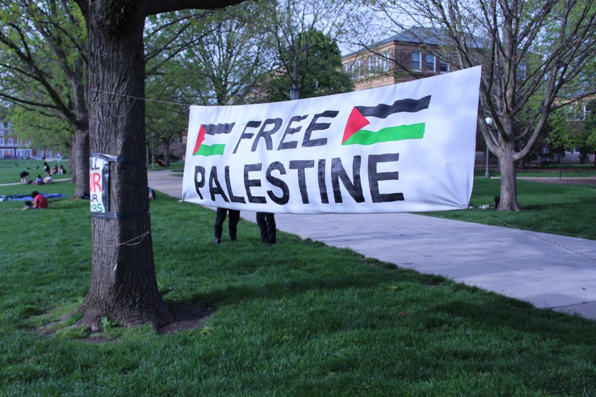 A banner stating Free Palestine hung up by protesters and used as a slogan during the time the protests happened.