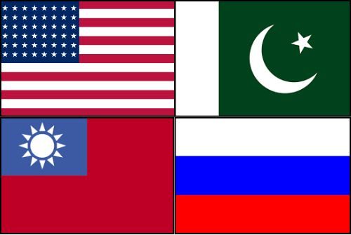 Clockwise from top left: Flags of USA, Pakistan, Taiwan, and Russia