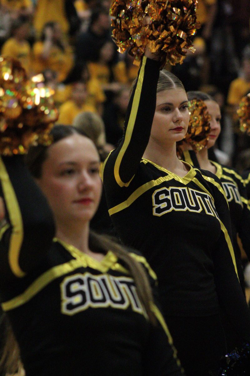 Members of danceline perform as many within the crowd look on.