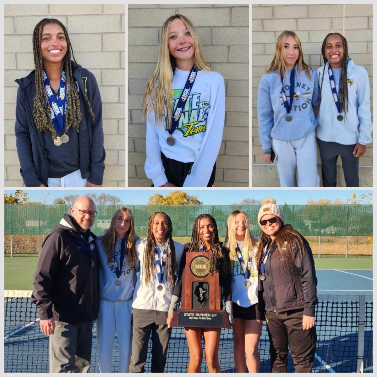 Girls Tennis State Qualifiers holding up 2nd Place Trophy