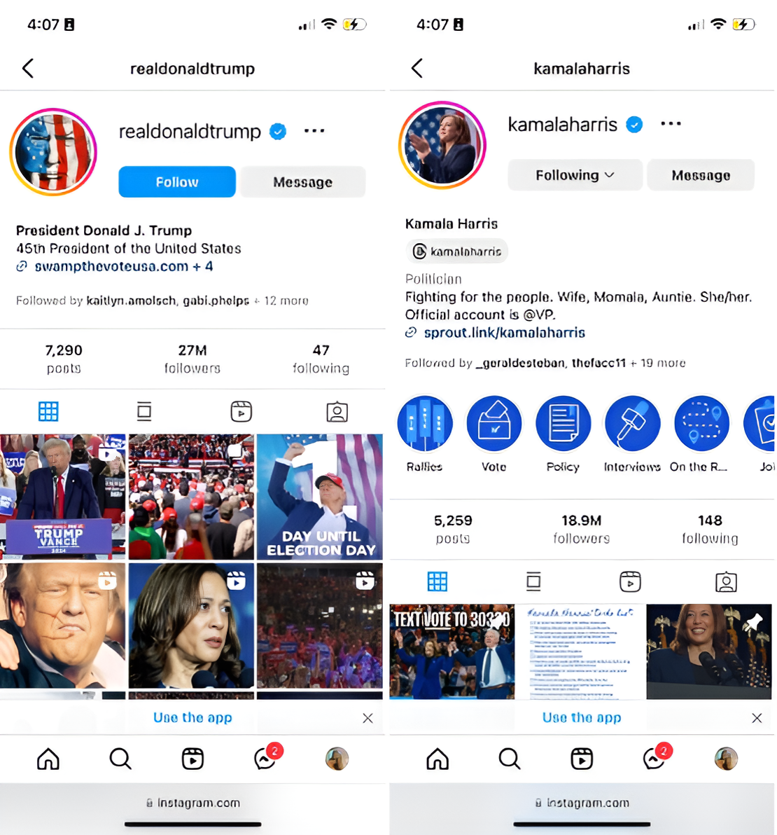 The Instagram profiles of Kamala Harris and Donald Trump.