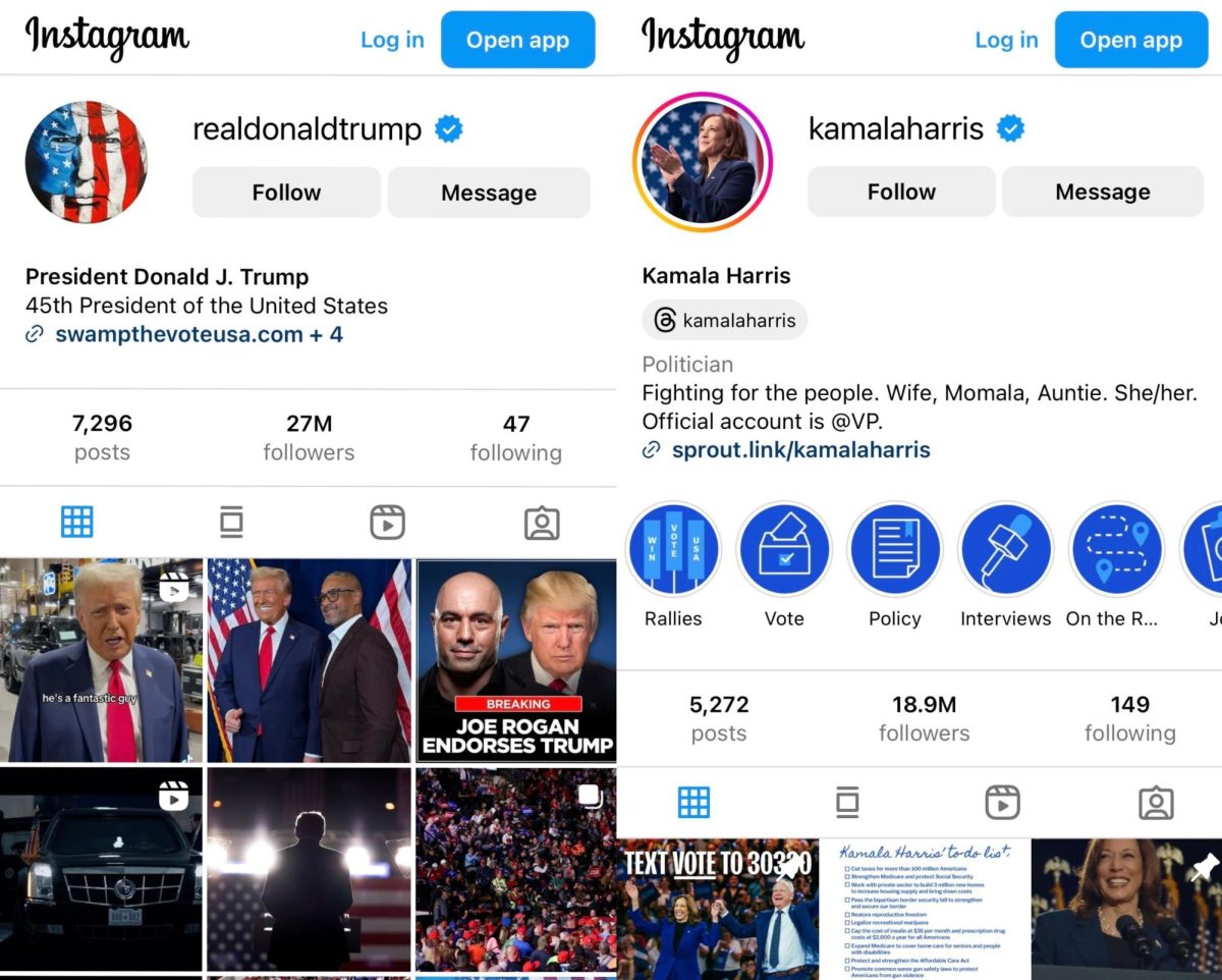 The Instagram profiles of Kamala Harris and Donald Trump.