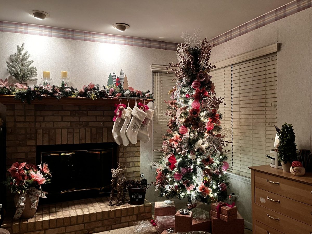 A Christmas tree with other holiday decor.