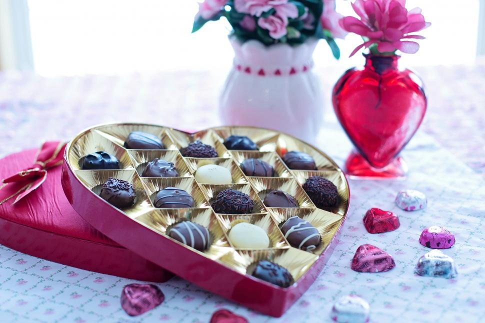 Photo courtesy of Jill Wellington. A heart-shaped box of Valentine's Day Chocolates. 
