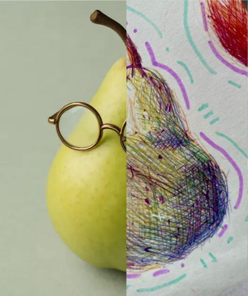 Pixexid AI-generated pear (left) and human-drawn pear, side by side